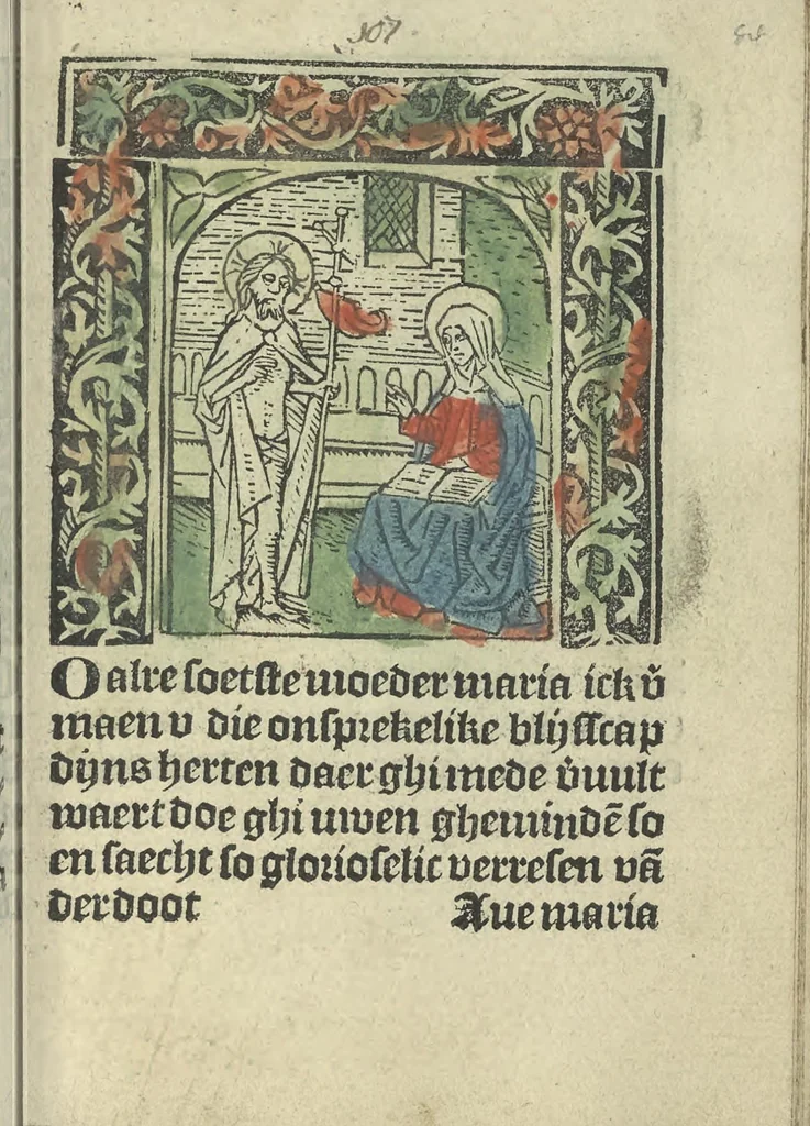 An illustration from Die ghetiden vanden seuen bitscappen Onser Lieuer Vrouwen. Die seuē psalme Onser Lieuer Vrouwen mitter letanie ende Onser Lieuer Vrouwen souter mitten artikelen vanden leuen en̄ passie Ons Heren Ihesu Cristi mitten figuren, 1503, leaf 174
