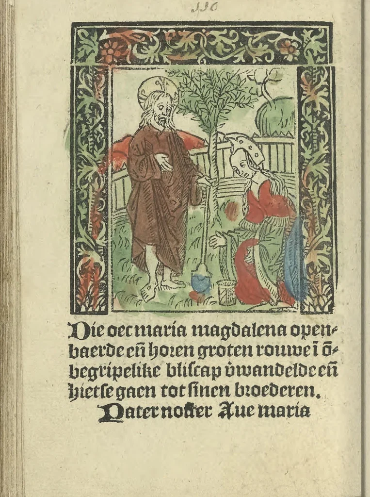 An illustration from Die ghetiden vanden seuen bitscappen Onser Lieuer Vrouwen. Die seuē psalme Onser Lieuer Vrouwen mitter letanie ende Onser Lieuer Vrouwen souter mitten artikelen vanden leuen en̄ passie Ons Heren Ihesu Cristi mitten figuren, 1503, leaf 177
