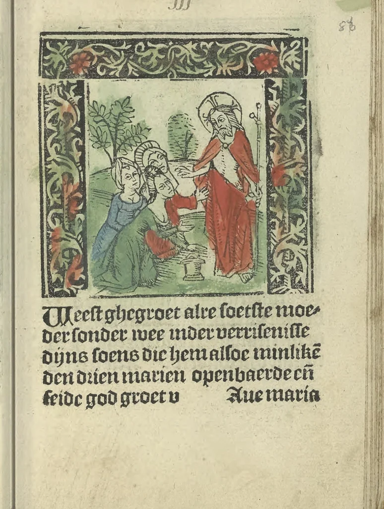 An illustration from Die ghetiden vanden seuen bitscappen Onser Lieuer Vrouwen. Die seuē psalme Onser Lieuer Vrouwen mitter letanie ende Onser Lieuer Vrouwen souter mitten artikelen vanden leuen en̄ passie Ons Heren Ihesu Cristi mitten figuren, 1503, leaf 178