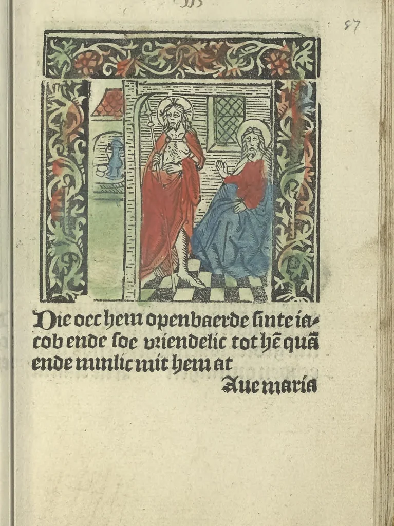 An illustration from Die ghetiden vanden seuen bitscappen Onser Lieuer Vrouwen. Die seuē psalme Onser Lieuer Vrouwen mitter letanie ende Onser Lieuer Vrouwen souter mitten artikelen vanden leuen en̄ passie Ons Heren Ihesu Cristi mitten figuren, 1503, leaf 180
