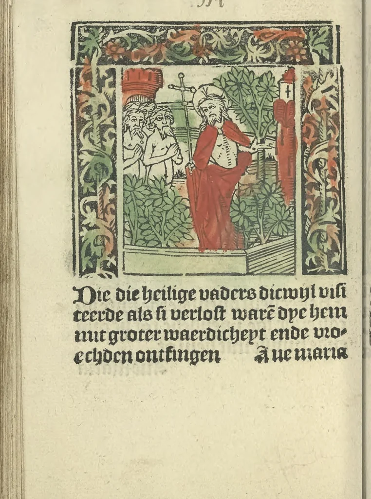 An illustration from Die ghetiden vanden seuen bitscappen Onser Lieuer Vrouwen. Die seuē psalme Onser Lieuer Vrouwen mitter letanie ende Onser Lieuer Vrouwen souter mitten artikelen vanden leuen en̄ passie Ons Heren Ihesu Cristi mitten figuren, 1503, leaf 181