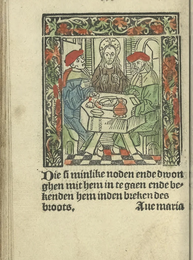 An illustration from Die ghetiden vanden seuen bitscappen Onser Lieuer Vrouwen. Die seuē psalme Onser Lieuer Vrouwen mitter letanie ende Onser Lieuer Vrouwen souter mitten artikelen vanden leuen en̄ passie Ons Heren Ihesu Cristi mitten figuren, 1503, leaf 183