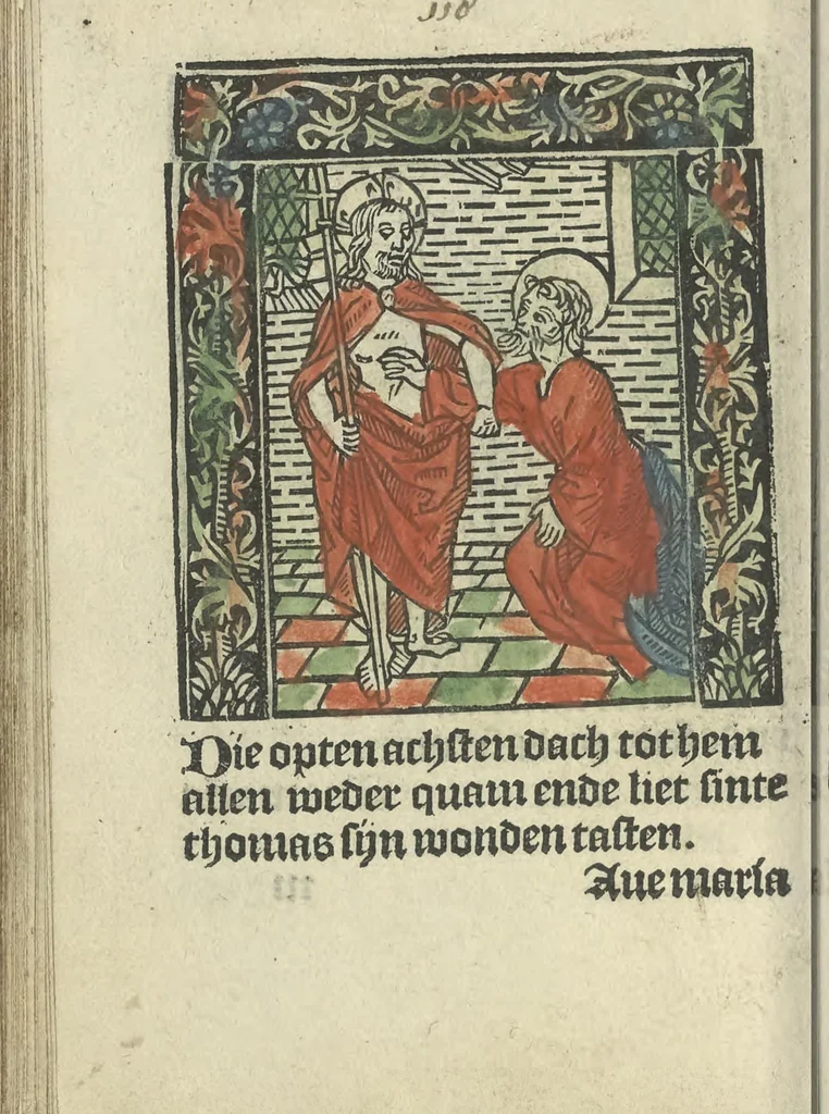 An illustration from Die ghetiden vanden seuen bitscappen Onser Lieuer Vrouwen. Die seuē psalme Onser Lieuer Vrouwen mitter letanie ende Onser Lieuer Vrouwen souter mitten artikelen vanden leuen en̄ passie Ons Heren Ihesu Cristi mitten figuren, 1503, leaf 185