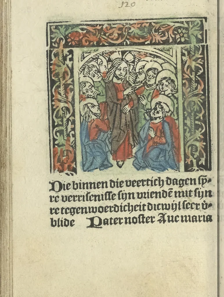 An illustration from Die ghetiden vanden seuen bitscappen Onser Lieuer Vrouwen. Die seuē psalme Onser Lieuer Vrouwen mitter letanie ende Onser Lieuer Vrouwen souter mitten artikelen vanden leuen en̄ passie Ons Heren Ihesu Cristi mitten figuren, 1503, leaf 187