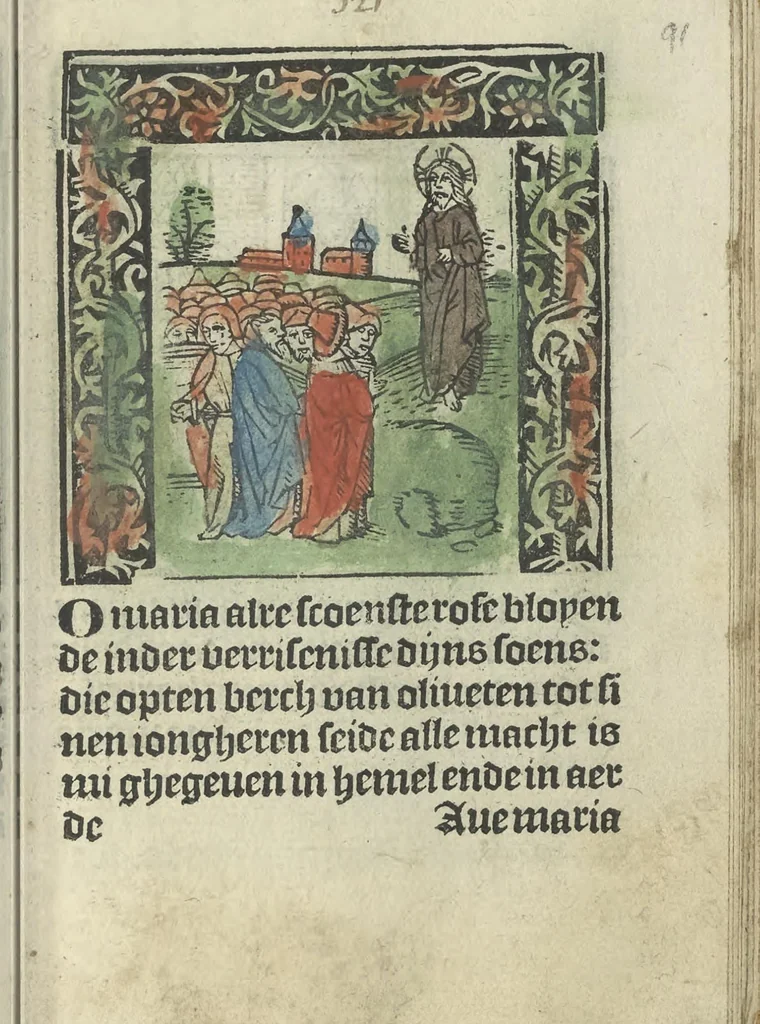 An illustration from Die ghetiden vanden seuen bitscappen Onser Lieuer Vrouwen. Die seuē psalme Onser Lieuer Vrouwen mitter letanie ende Onser Lieuer Vrouwen souter mitten artikelen vanden leuen en̄ passie Ons Heren Ihesu Cristi mitten figuren, 1503, leaf 188