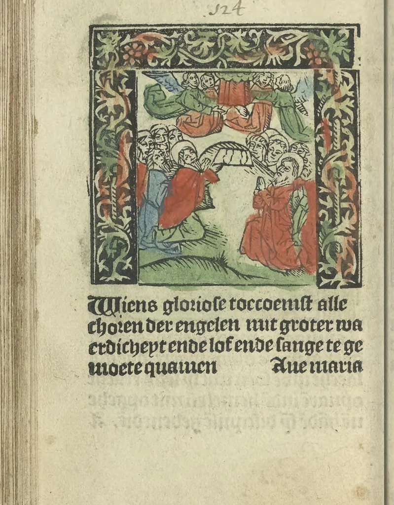 An illustration from Die ghetiden vanden seuen bitscappen Onser Lieuer Vrouwen. Die seuē psalme Onser Lieuer Vrouwen mitter letanie ende Onser Lieuer Vrouwen souter mitten artikelen vanden leuen en̄ passie Ons Heren Ihesu Cristi mitten figuren, 1503, leaf 191