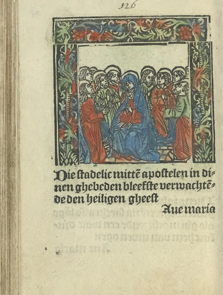 An illustration from Die ghetiden vanden seuen bitscappen Onser Lieuer Vrouwen. Die seuē psalme Onser Lieuer Vrouwen mitter letanie ende Onser Lieuer Vrouwen souter mitten artikelen vanden leuen en̄ passie Ons Heren Ihesu Cristi mitten figuren, 1503, leaf 193
