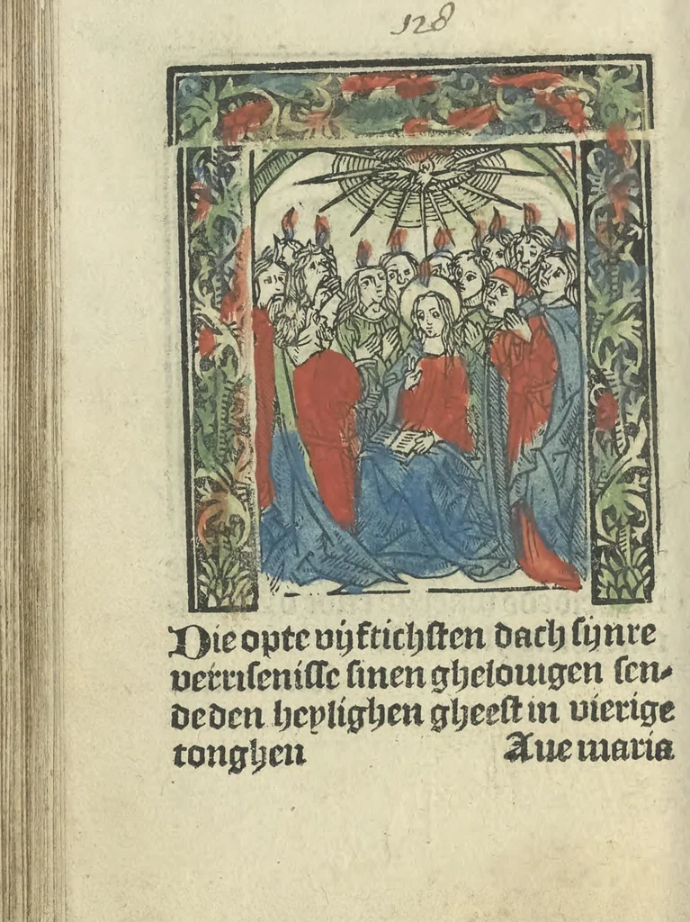An illustration from Die ghetiden vanden seuen bitscappen Onser Lieuer Vrouwen. Die seuē psalme Onser Lieuer Vrouwen mitter letanie ende Onser Lieuer Vrouwen souter mitten artikelen vanden leuen en̄ passie Ons Heren Ihesu Cristi mitten figuren, 1503, leaf 195