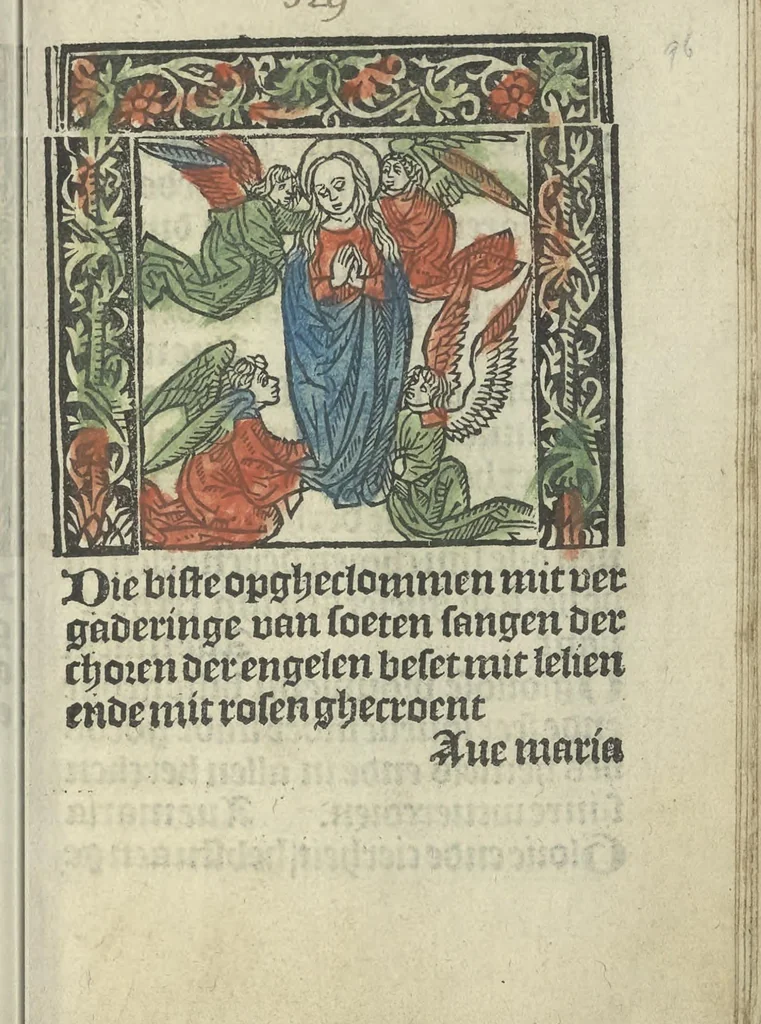 An illustration from Die ghetiden vanden seuen bitscappen Onser Lieuer Vrouwen. Die seuē psalme Onser Lieuer Vrouwen mitter letanie ende Onser Lieuer Vrouwen souter mitten artikelen vanden leuen en̄ passie Ons Heren Ihesu Cristi mitten figuren, 1503, leaf 198