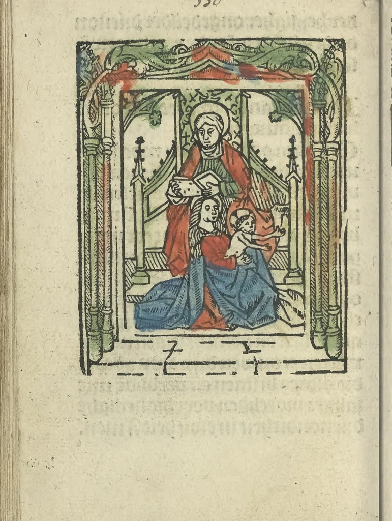 An illustration from Die ghetiden vanden seuen bitscappen Onser Lieuer Vrouwen. Die seuē psalme Onser Lieuer Vrouwen mitter letanie ende Onser Lieuer Vrouwen souter mitten artikelen vanden leuen en̄ passie Ons Heren Ihesu Cristi mitten figuren, 1503, leaf 205