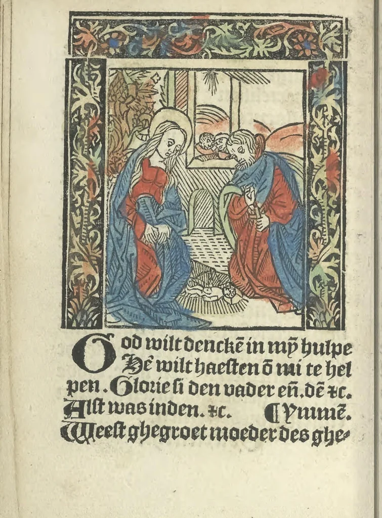 An illustration from Die ghetiden vanden seuen bitscappen Onser Lieuer Vrouwen. Die seuē psalme Onser Lieuer Vrouwen mitter letanie ende Onser Lieuer Vrouwen souter mitten artikelen vanden leuen en̄ passie Ons Heren Ihesu Cristi mitten figuren, 1503, leaf 21