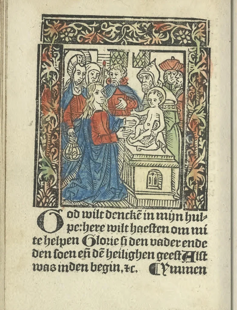 An illustration from Die ghetiden vanden seuen bitscappen Onser Lieuer Vrouwen. Die seuē psalme Onser Lieuer Vrouwen mitter letanie ende Onser Lieuer Vrouwen souter mitten artikelen vanden leuen en̄ passie Ons Heren Ihesu Cristi mitten figuren, 1503, leaf 25