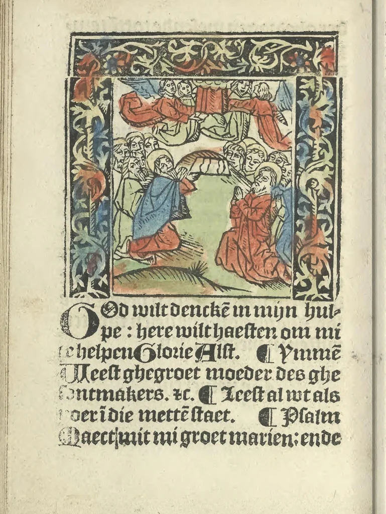 An illustration from Die ghetiden vanden seuen bitscappen Onser Lieuer Vrouwen. Die seuē psalme Onser Lieuer Vrouwen mitter letanie ende Onser Lieuer Vrouwen souter mitten artikelen vanden leuen en̄ passie Ons Heren Ihesu Cristi mitten figuren, 1503, leaf 29