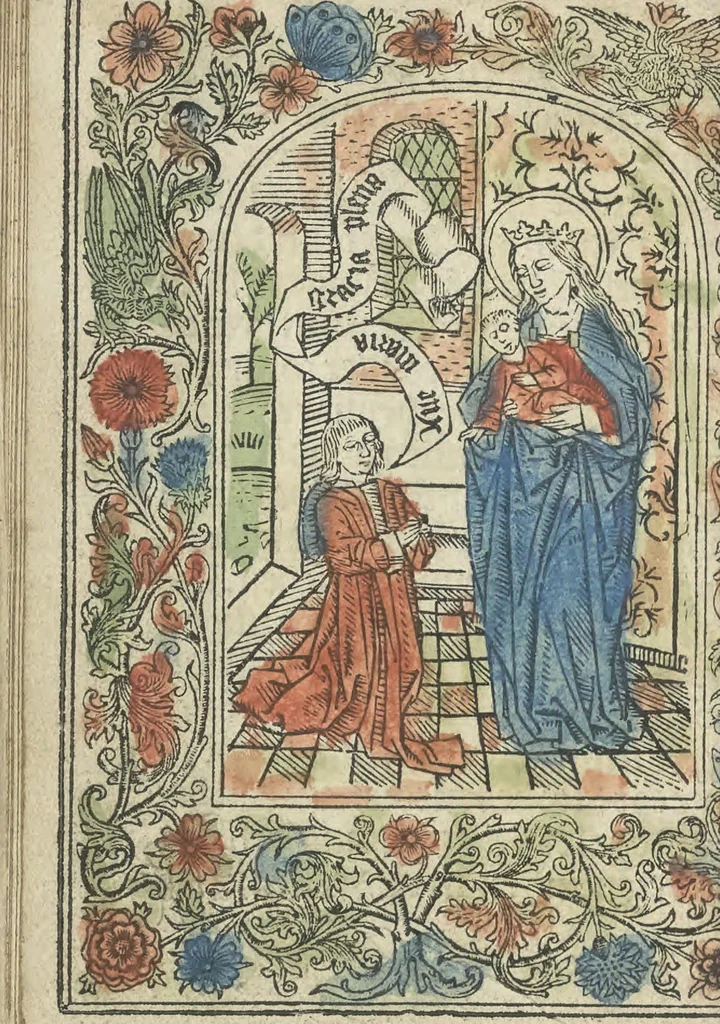 An illustration from Die ghetiden vanden seuen bitscappen Onser Lieuer Vrouwen. Die seuē psalme Onser Lieuer Vrouwen mitter letanie ende Onser Lieuer Vrouwen souter mitten artikelen vanden leuen en̄ passie Ons Heren Ihesu Cristi mitten figuren, 1503, leaf 37