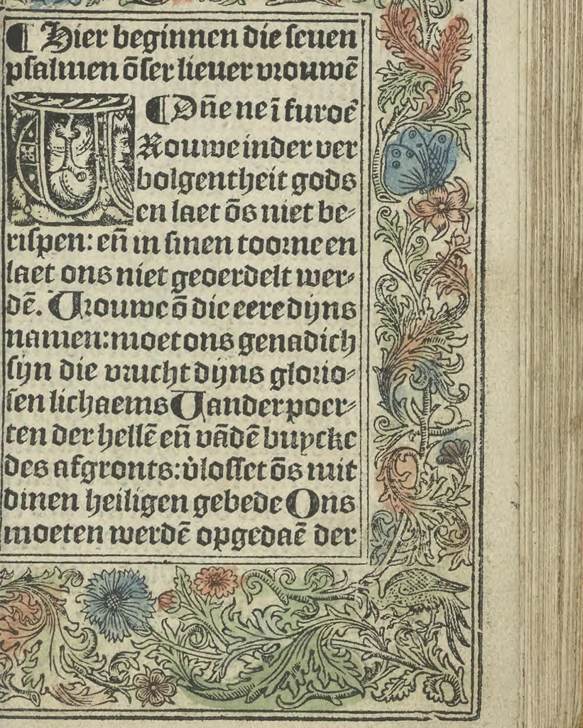 An illustration from Die ghetiden vanden seuen bitscappen Onser Lieuer Vrouwen. Die seuē psalme Onser Lieuer Vrouwen mitter letanie ende Onser Lieuer Vrouwen souter mitten artikelen vanden leuen en̄ passie Ons Heren Ihesu Cristi mitten figuren, 1503, leaf 38