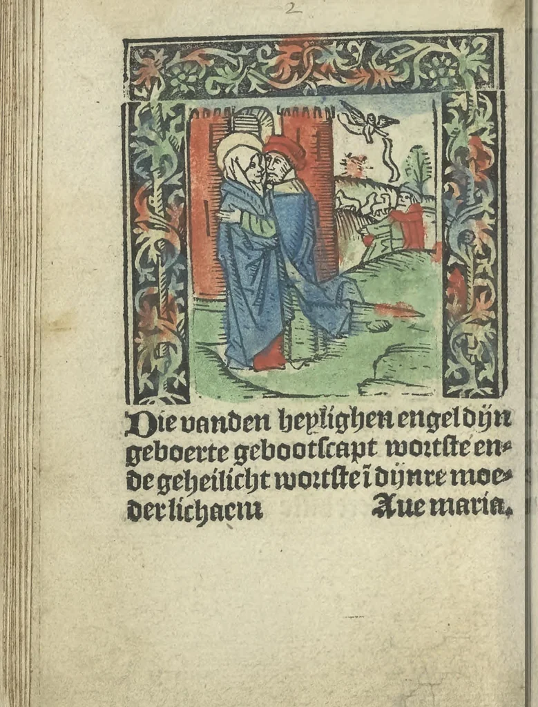 An illustration from Die ghetiden vanden seuen bitscappen Onser Lieuer Vrouwen. Die seuē psalme Onser Lieuer Vrouwen mitter letanie ende Onser Lieuer Vrouwen souter mitten artikelen vanden leuen en̄ passie Ons Heren Ihesu Cristi mitten figuren, 1503, leaf 65