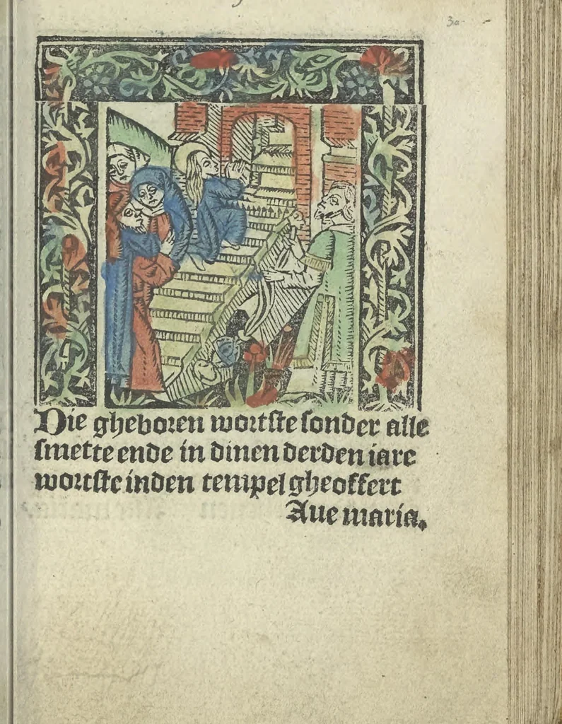 An illustration from Die ghetiden vanden seuen bitscappen Onser Lieuer Vrouwen. Die seuē psalme Onser Lieuer Vrouwen mitter letanie ende Onser Lieuer Vrouwen souter mitten artikelen vanden leuen en̄ passie Ons Heren Ihesu Cristi mitten figuren, 1503, leaf 66