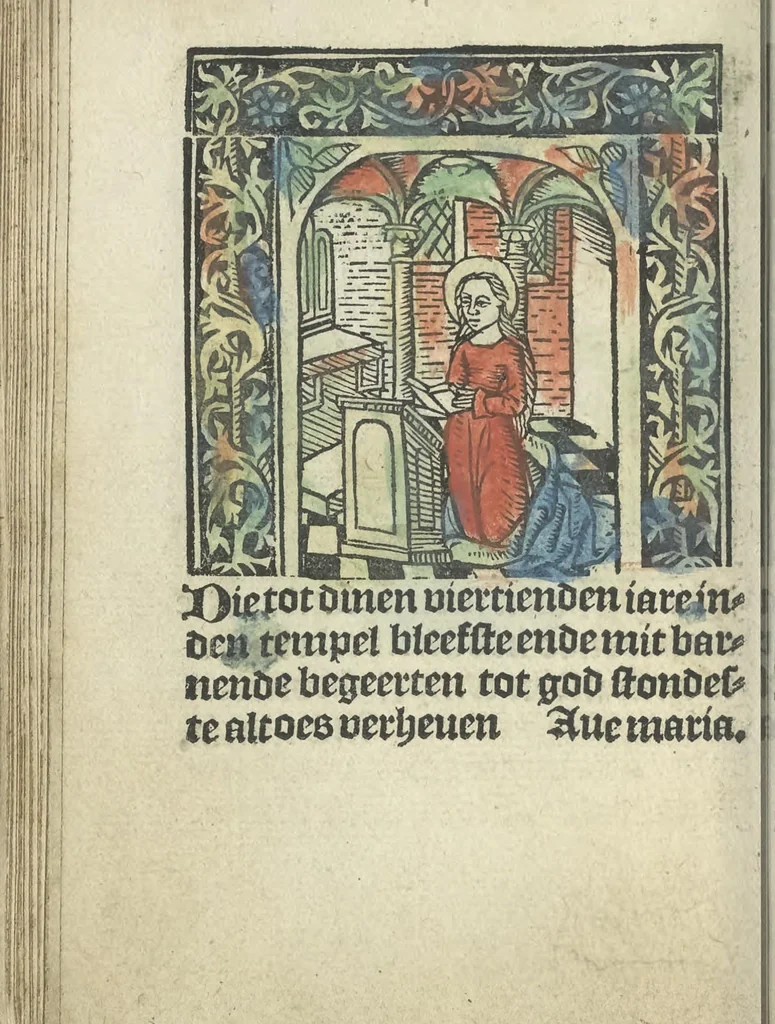 An illustration from Die ghetiden vanden seuen bitscappen Onser Lieuer Vrouwen. Die seuē psalme Onser Lieuer Vrouwen mitter letanie ende Onser Lieuer Vrouwen souter mitten artikelen vanden leuen en̄ passie Ons Heren Ihesu Cristi mitten figuren, 1503, leaf 67