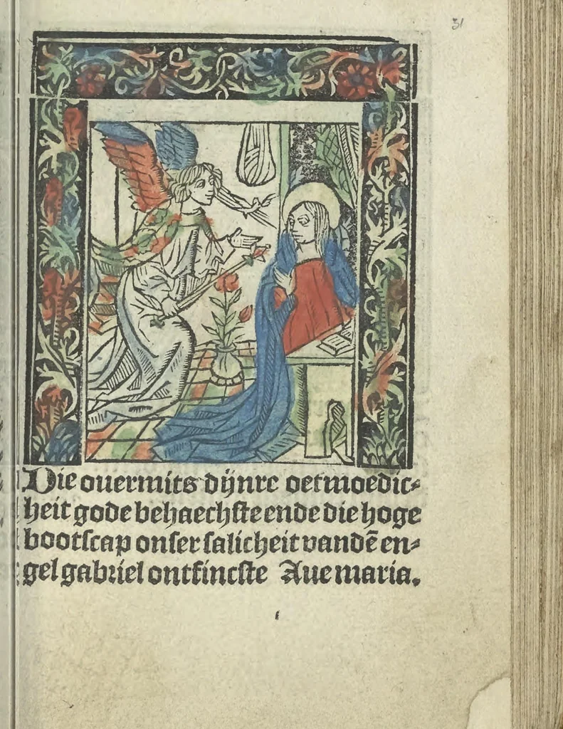 An illustration from Die ghetiden vanden seuen bitscappen Onser Lieuer Vrouwen. Die seuē psalme Onser Lieuer Vrouwen mitter letanie ende Onser Lieuer Vrouwen souter mitten artikelen vanden leuen en̄ passie Ons Heren Ihesu Cristi mitten figuren, 1503, leaf 68