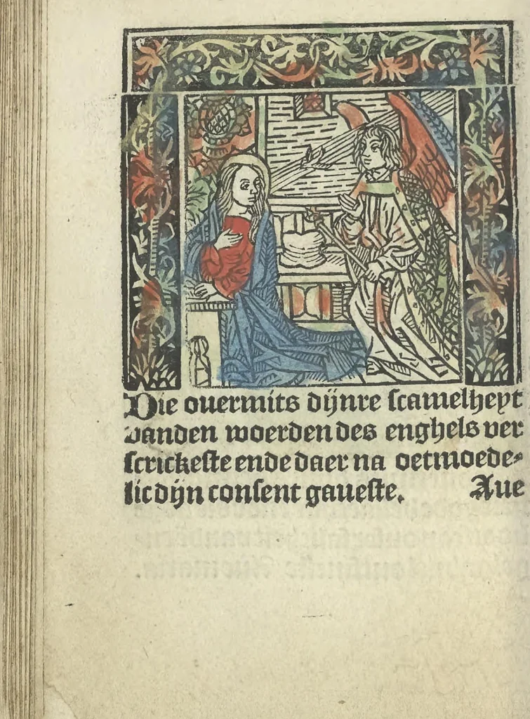 An illustration from Die ghetiden vanden seuen bitscappen Onser Lieuer Vrouwen. Die seuē psalme Onser Lieuer Vrouwen mitter letanie ende Onser Lieuer Vrouwen souter mitten artikelen vanden leuen en̄ passie Ons Heren Ihesu Cristi mitten figuren, 1503, leaf 69