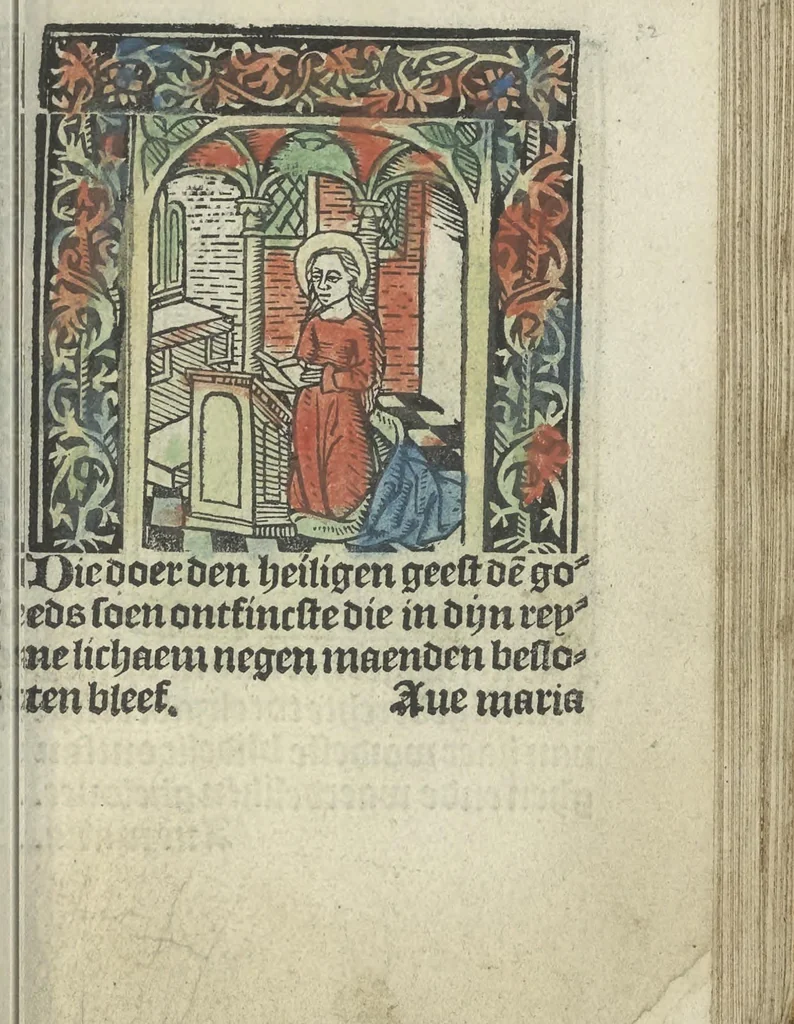 An illustration from Die ghetiden vanden seuen bitscappen Onser Lieuer Vrouwen. Die seuē psalme Onser Lieuer Vrouwen mitter letanie ende Onser Lieuer Vrouwen souter mitten artikelen vanden leuen en̄ passie Ons Heren Ihesu Cristi mitten figuren, 1503, leaf 70