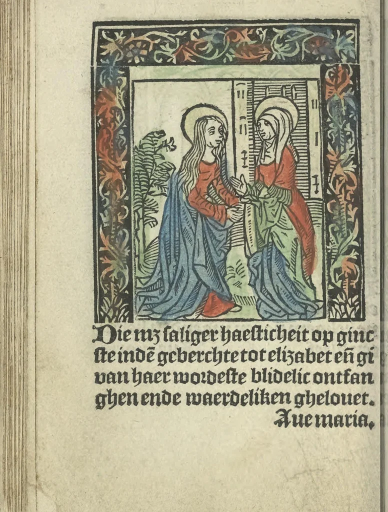 An illustration from Die ghetiden vanden seuen bitscappen Onser Lieuer Vrouwen. Die seuē psalme Onser Lieuer Vrouwen mitter letanie ende Onser Lieuer Vrouwen souter mitten artikelen vanden leuen en̄ passie Ons Heren Ihesu Cristi mitten figuren, 1503, leaf 71