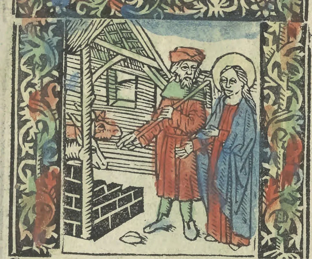 An illustration from Die ghetiden vanden seuen bitscappen Onser Lieuer Vrouwen. Die seuē psalme Onser Lieuer Vrouwen mitter letanie ende Onser Lieuer Vrouwen souter mitten artikelen vanden leuen en̄ passie Ons Heren Ihesu Cristi mitten figuren, 1503, leaf 74