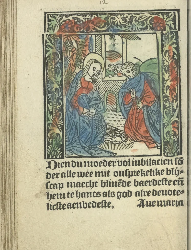 An illustration from Die ghetiden vanden seuen bitscappen Onser Lieuer Vrouwen. Die seuē psalme Onser Lieuer Vrouwen mitter letanie ende Onser Lieuer Vrouwen souter mitten artikelen vanden leuen en̄ passie Ons Heren Ihesu Cristi mitten figuren, 1503, leaf 75