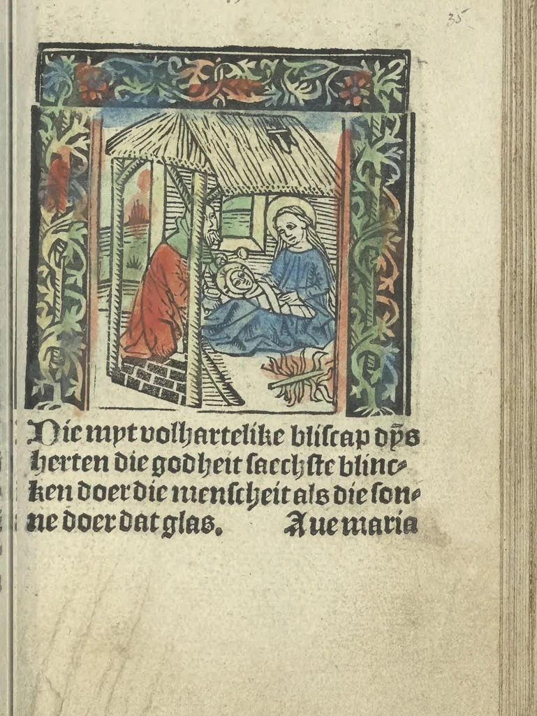 An illustration from Die ghetiden vanden seuen bitscappen Onser Lieuer Vrouwen. Die seuē psalme Onser Lieuer Vrouwen mitter letanie ende Onser Lieuer Vrouwen souter mitten artikelen vanden leuen en̄ passie Ons Heren Ihesu Cristi mitten figuren, 1503, leaf 76