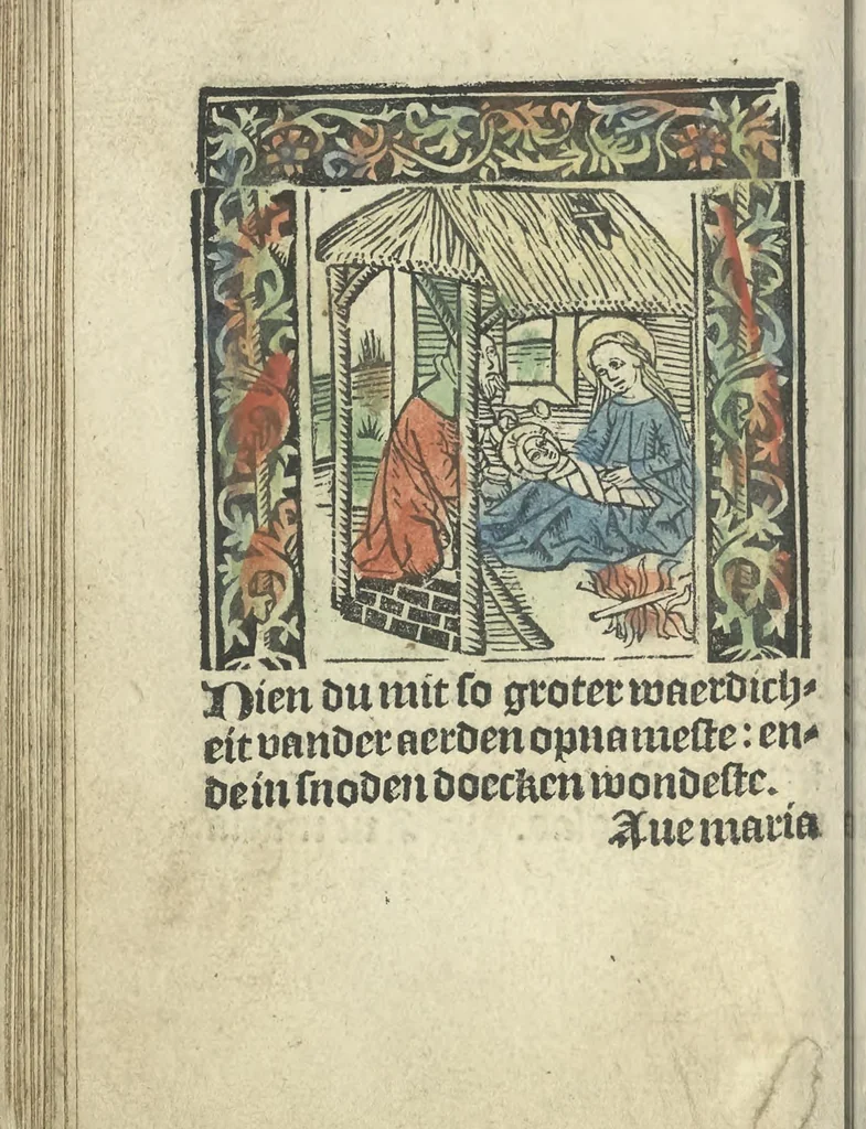 An illustration from Die ghetiden vanden seuen bitscappen Onser Lieuer Vrouwen. Die seuē psalme Onser Lieuer Vrouwen mitter letanie ende Onser Lieuer Vrouwen souter mitten artikelen vanden leuen en̄ passie Ons Heren Ihesu Cristi mitten figuren, 1503, leaf 77
