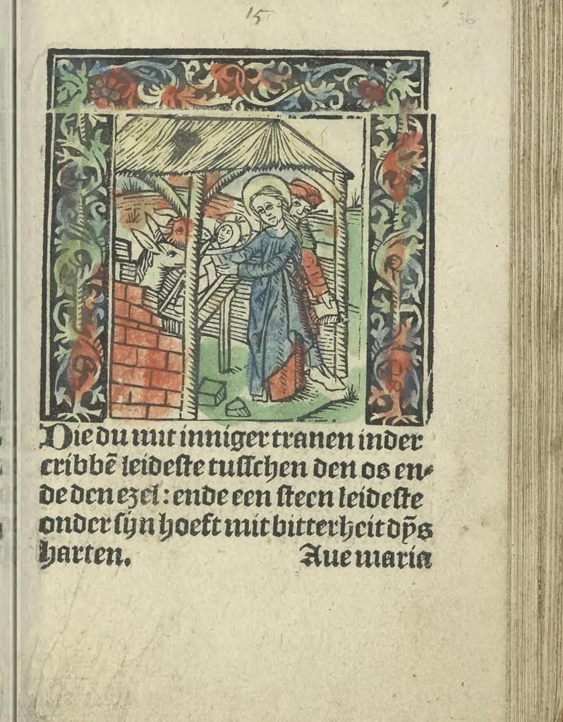 An illustration from Die ghetiden vanden seuen bitscappen Onser Lieuer Vrouwen. Die seuē psalme Onser Lieuer Vrouwen mitter letanie ende Onser Lieuer Vrouwen souter mitten artikelen vanden leuen en̄ passie Ons Heren Ihesu Cristi mitten figuren, 1503, leaf 78