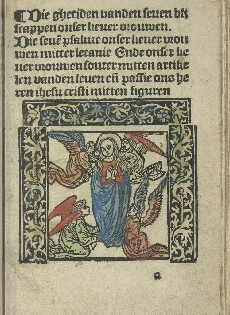 An illustration from Die ghetiden vanden seuen bitscappen Onser Lieuer Vrouwen. Die seuē psalme Onser Lieuer Vrouwen mitter letanie ende Onser Lieuer Vrouwen souter mitten artikelen vanden leuen en̄ passie Ons Heren Ihesu Cristi mitten figuren, 1503, leaf 8