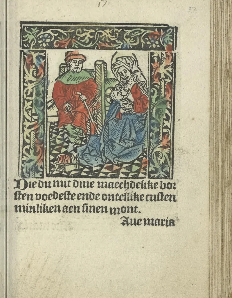 An illustration from Die ghetiden vanden seuen bitscappen Onser Lieuer Vrouwen. Die seuē psalme Onser Lieuer Vrouwen mitter letanie ende Onser Lieuer Vrouwen souter mitten artikelen vanden leuen en̄ passie Ons Heren Ihesu Cristi mitten figuren, 1503, leaf 80