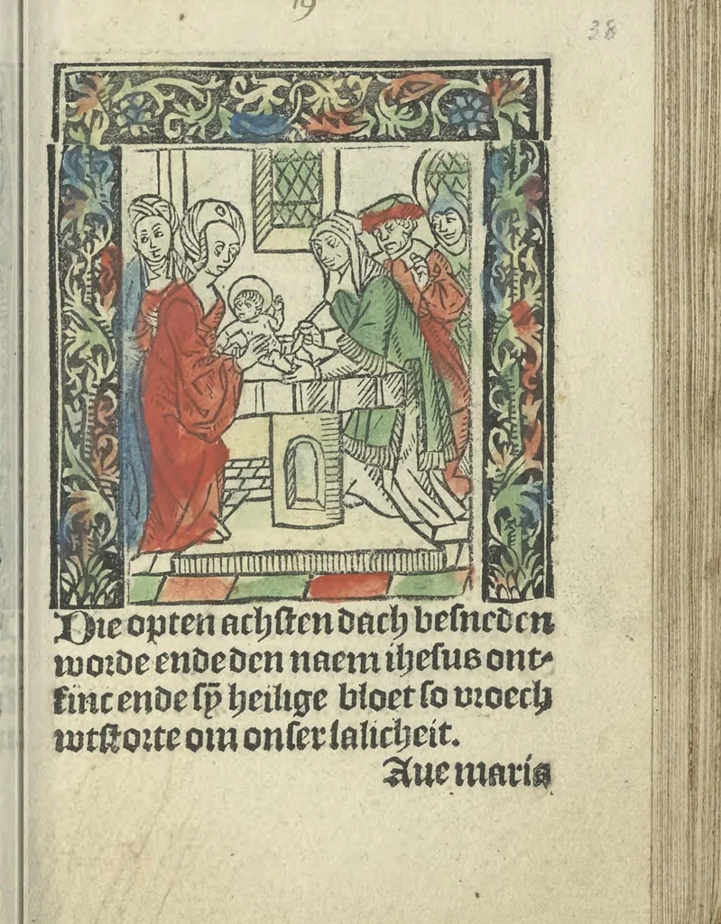 An illustration from Die ghetiden vanden seuen bitscappen Onser Lieuer Vrouwen. Die seuē psalme Onser Lieuer Vrouwen mitter letanie ende Onser Lieuer Vrouwen souter mitten artikelen vanden leuen en̄ passie Ons Heren Ihesu Cristi mitten figuren, 1503, leaf 82
