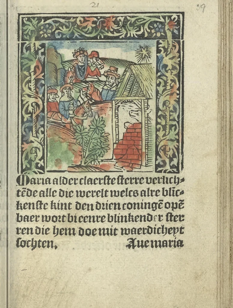 An illustration from Die ghetiden vanden seuen bitscappen Onser Lieuer Vrouwen. Die seuē psalme Onser Lieuer Vrouwen mitter letanie ende Onser Lieuer Vrouwen souter mitten artikelen vanden leuen en̄ passie Ons Heren Ihesu Cristi mitten figuren, 1503, leaf 84