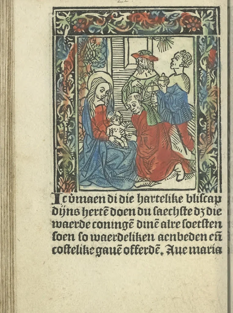 An illustration from Die ghetiden vanden seuen bitscappen Onser Lieuer Vrouwen. Die seuē psalme Onser Lieuer Vrouwen mitter letanie ende Onser Lieuer Vrouwen souter mitten artikelen vanden leuen en̄ passie Ons Heren Ihesu Cristi mitten figuren, 1503, leaf 85