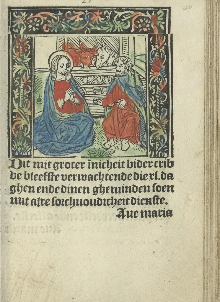 An illustration from Die ghetiden vanden seuen bitscappen Onser Lieuer Vrouwen. Die seuē psalme Onser Lieuer Vrouwen mitter letanie ende Onser Lieuer Vrouwen souter mitten artikelen vanden leuen en̄ passie Ons Heren Ihesu Cristi mitten figuren, 1503, leaf 86
