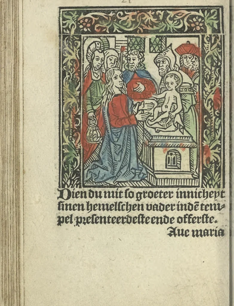 An illustration from Die ghetiden vanden seuen bitscappen Onser Lieuer Vrouwen. Die seuē psalme Onser Lieuer Vrouwen mitter letanie ende Onser Lieuer Vrouwen souter mitten artikelen vanden leuen en̄ passie Ons Heren Ihesu Cristi mitten figuren, 1503, leaf 87
