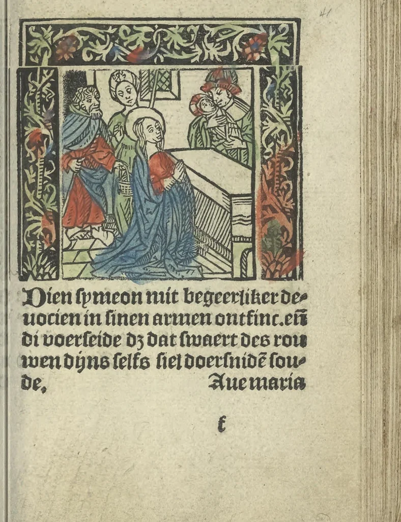 An illustration from Die ghetiden vanden seuen bitscappen Onser Lieuer Vrouwen. Die seuē psalme Onser Lieuer Vrouwen mitter letanie ende Onser Lieuer Vrouwen souter mitten artikelen vanden leuen en̄ passie Ons Heren Ihesu Cristi mitten figuren, 1503, leaf 88
