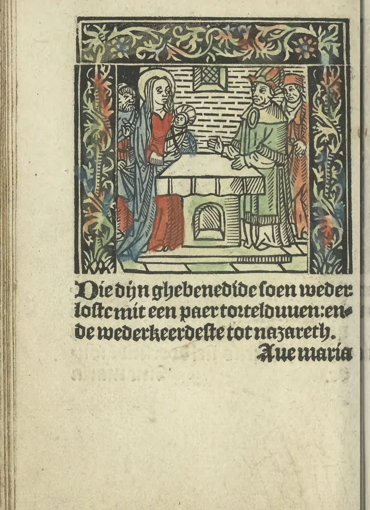 An illustration from Die ghetiden vanden seuen bitscappen Onser Lieuer Vrouwen. Die seuē psalme Onser Lieuer Vrouwen mitter letanie ende Onser Lieuer Vrouwen souter mitten artikelen vanden leuen en̄ passie Ons Heren Ihesu Cristi mitten figuren, 1503, leaf 89