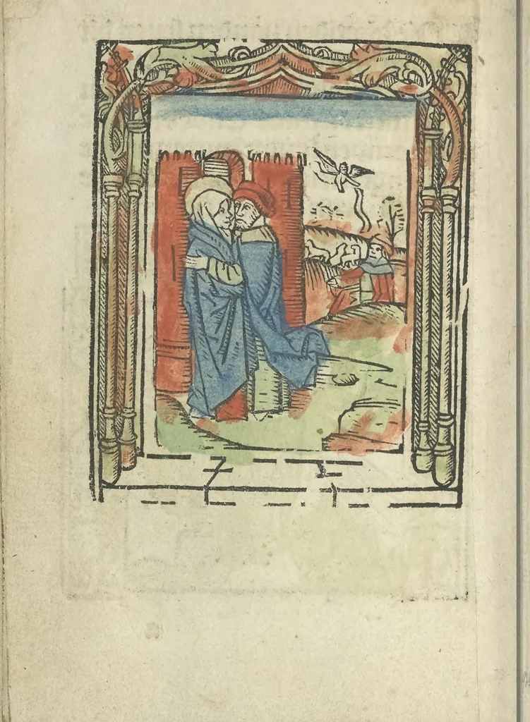 An illustration from Die ghetiden vanden seuen bitscappen Onser Lieuer Vrouwen. Die seuē psalme Onser Lieuer Vrouwen mitter letanie ende Onser Lieuer Vrouwen souter mitten artikelen vanden leuen en̄ passie Ons Heren Ihesu Cristi mitten figuren, 1503, leaf 9