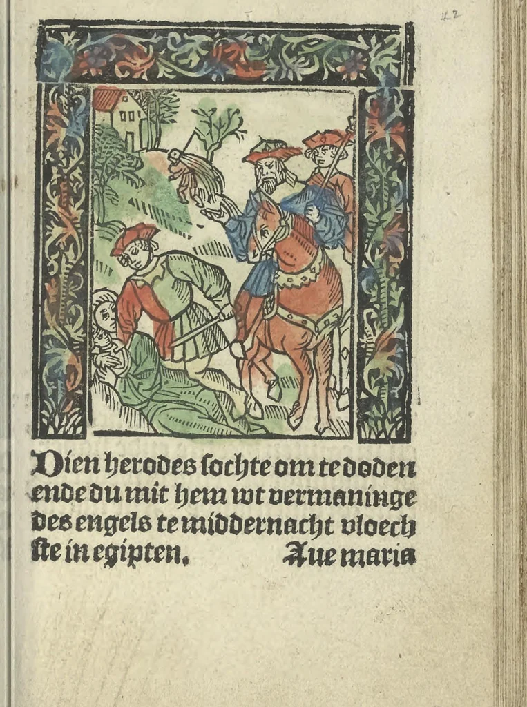 An illustration from Die ghetiden vanden seuen bitscappen Onser Lieuer Vrouwen. Die seuē psalme Onser Lieuer Vrouwen mitter letanie ende Onser Lieuer Vrouwen souter mitten artikelen vanden leuen en̄ passie Ons Heren Ihesu Cristi mitten figuren, 1503, leaf 90