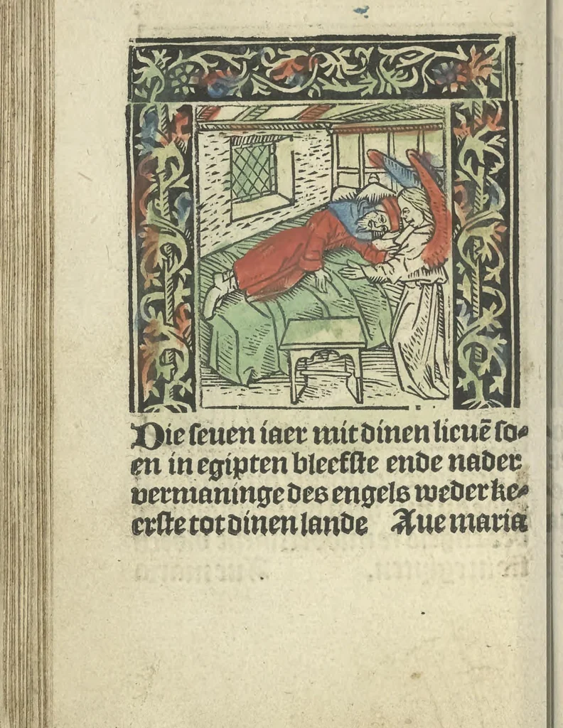 An illustration from Die ghetiden vanden seuen bitscappen Onser Lieuer Vrouwen. Die seuē psalme Onser Lieuer Vrouwen mitter letanie ende Onser Lieuer Vrouwen souter mitten artikelen vanden leuen en̄ passie Ons Heren Ihesu Cristi mitten figuren, 1503, leaf 91
