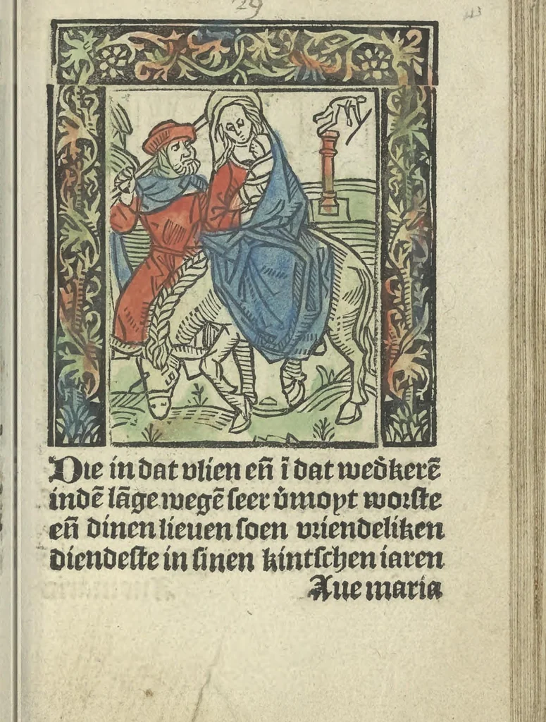 An illustration from Die ghetiden vanden seuen bitscappen Onser Lieuer Vrouwen. Die seuē psalme Onser Lieuer Vrouwen mitter letanie ende Onser Lieuer Vrouwen souter mitten artikelen vanden leuen en̄ passie Ons Heren Ihesu Cristi mitten figuren, 1503, leaf 92
