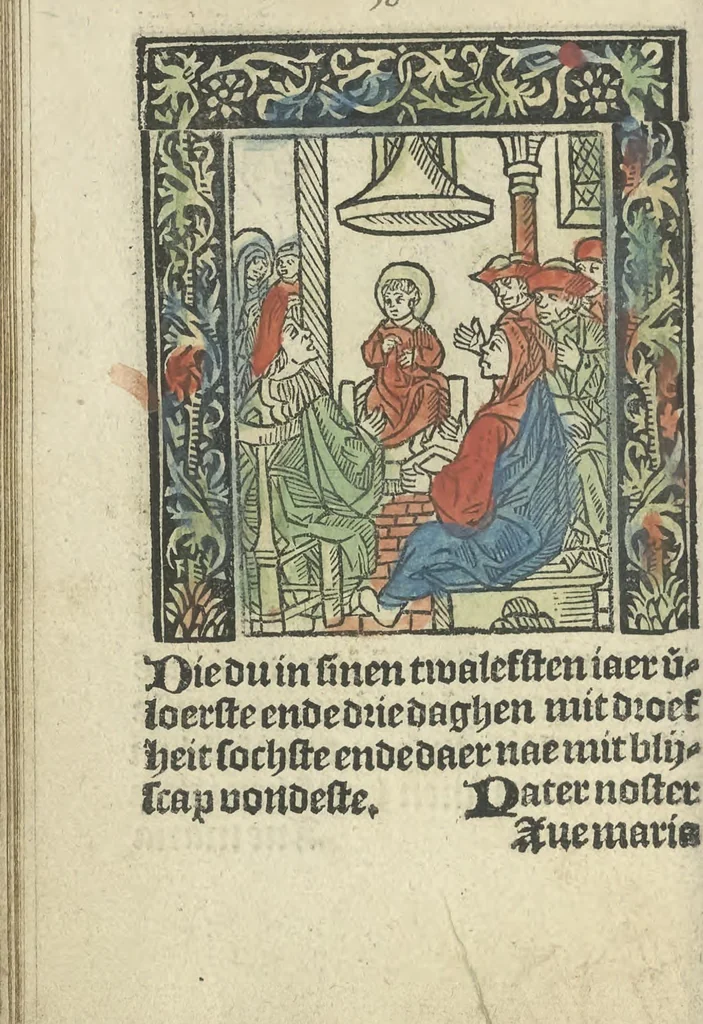 An illustration from Die ghetiden vanden seuen bitscappen Onser Lieuer Vrouwen. Die seuē psalme Onser Lieuer Vrouwen mitter letanie ende Onser Lieuer Vrouwen souter mitten artikelen vanden leuen en̄ passie Ons Heren Ihesu Cristi mitten figuren, 1503, leaf 93