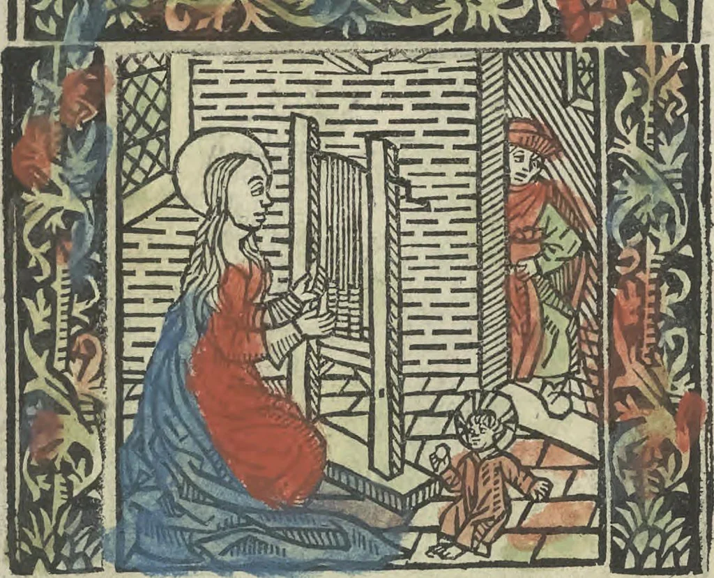 An illustration from Die ghetiden vanden seuen bitscappen Onser Lieuer Vrouwen. Die seuē psalme Onser Lieuer Vrouwen mitter letanie ende Onser Lieuer Vrouwen souter mitten artikelen vanden leuen en̄ passie Ons Heren Ihesu Cristi mitten figuren, 1503, leaf 94