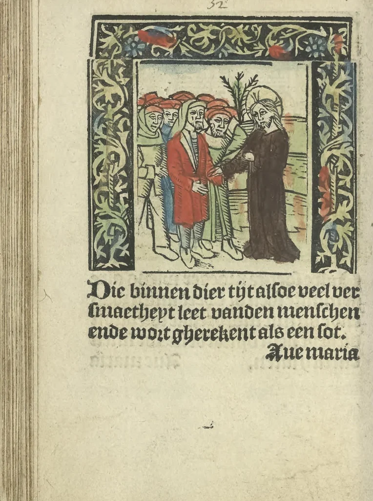 An illustration from Die ghetiden vanden seuen bitscappen Onser Lieuer Vrouwen. Die seuē psalme Onser Lieuer Vrouwen mitter letanie ende Onser Lieuer Vrouwen souter mitten artikelen vanden leuen en̄ passie Ons Heren Ihesu Cristi mitten figuren, 1503, leaf 95