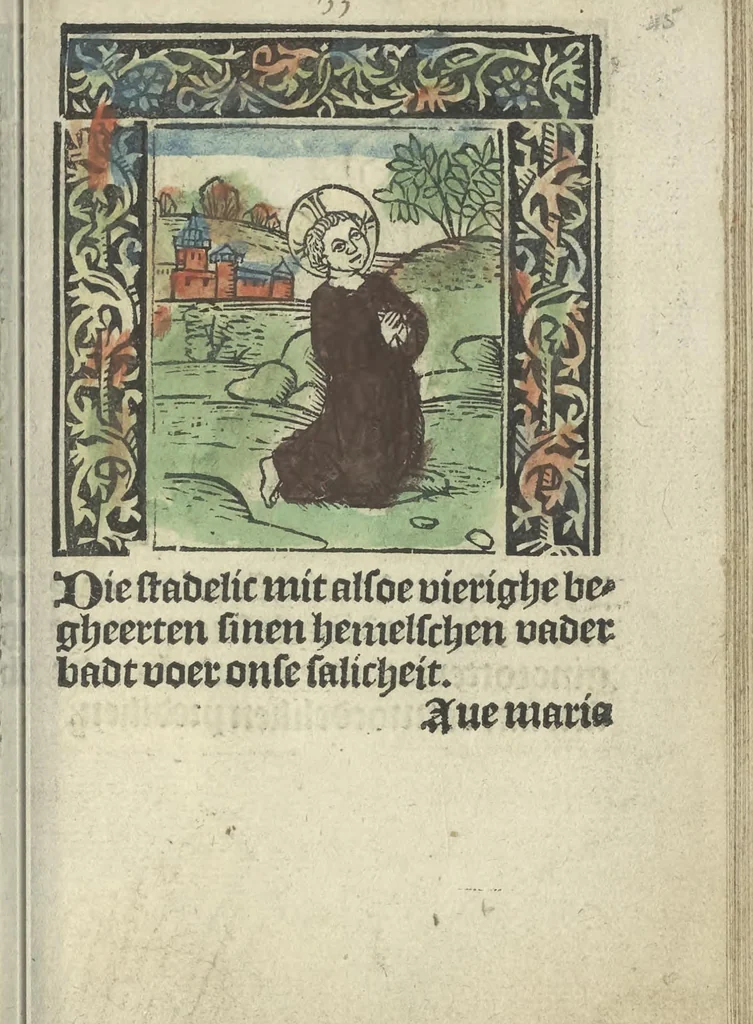 An illustration from Die ghetiden vanden seuen bitscappen Onser Lieuer Vrouwen. Die seuē psalme Onser Lieuer Vrouwen mitter letanie ende Onser Lieuer Vrouwen souter mitten artikelen vanden leuen en̄ passie Ons Heren Ihesu Cristi mitten figuren, 1503, leaf 96