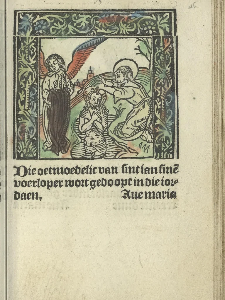An illustration from Die ghetiden vanden seuen bitscappen Onser Lieuer Vrouwen. Die seuē psalme Onser Lieuer Vrouwen mitter letanie ende Onser Lieuer Vrouwen souter mitten artikelen vanden leuen en̄ passie Ons Heren Ihesu Cristi mitten figuren, 1503, leaf 98