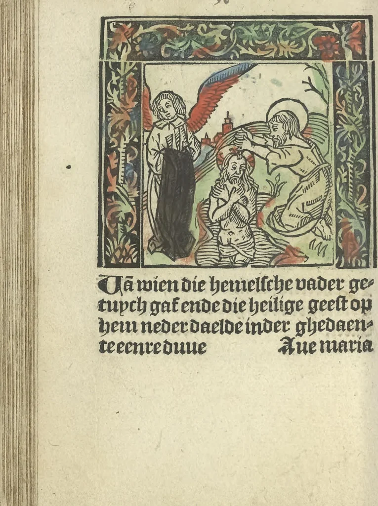 An illustration from Die ghetiden vanden seuen bitscappen Onser Lieuer Vrouwen. Die seuē psalme Onser Lieuer Vrouwen mitter letanie ende Onser Lieuer Vrouwen souter mitten artikelen vanden leuen en̄ passie Ons Heren Ihesu Cristi mitten figuren, 1503, leaf 99